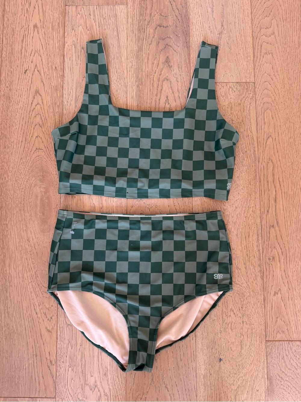 Albion Fit Green Checkered Bikini Crop Top XL & High Waist Bottom L